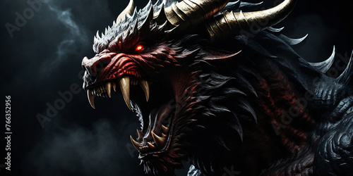 Angry devil profile with copy space for text - black background - yelling, shouting, screaming - god of evil - hell concept art - Leviathan, Astaroth, Mammon, Baal photo