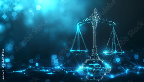 Digital art concept of scales of justice, emitting a neon blue glow
