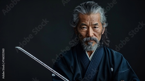 Portrait of sensei master with black sensei belt in taekwondo kimono witn sword katana on black background. Traditional samurai hakama kimono. photo