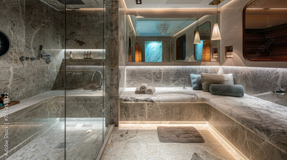 A luxurious spa bathroom with a steam shower, marble bench seating, and built-in speakers for a relaxing ambiance