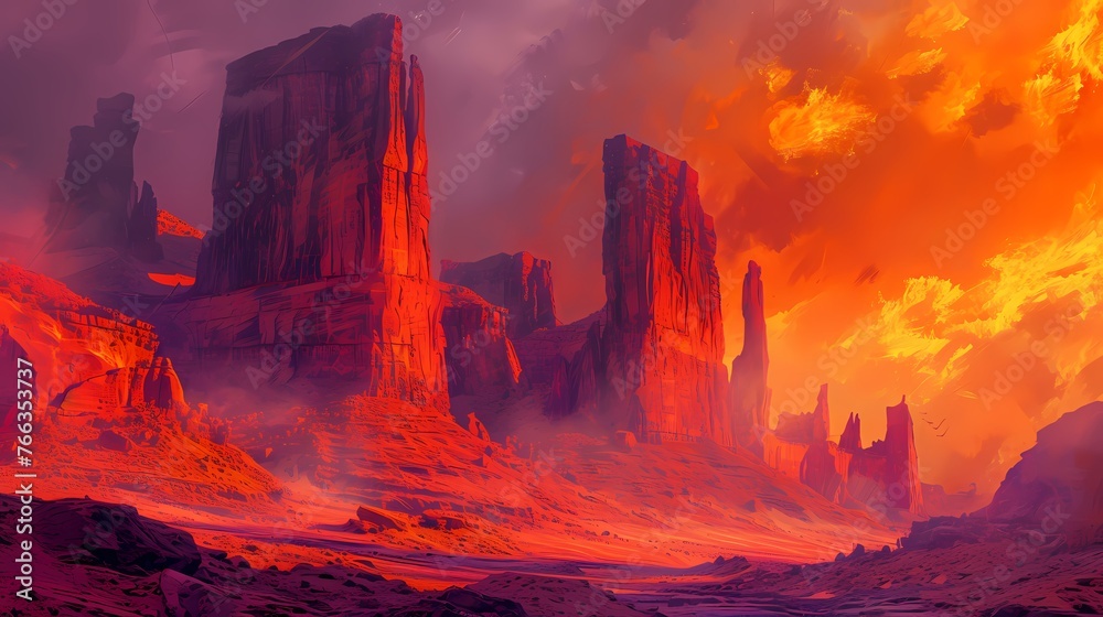 A surreal desert landscape with towering, twisted rock formations against a backdrop of vivid orange and pink hues.