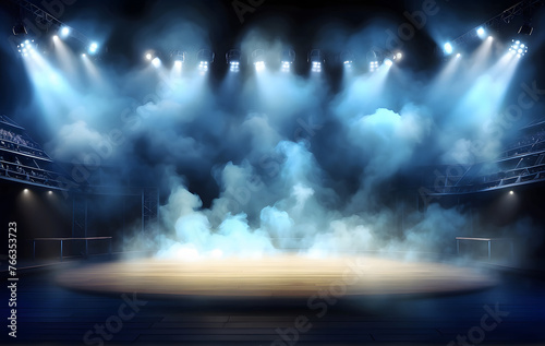A stage with smoke and spotlights on a dark background