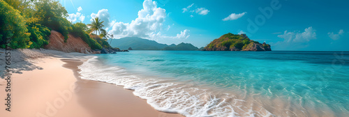 Tropical beach panorama with clear blue water and sunny sky. Exotic travel destination panoramic photography with copy space for design and print © Ekaterina