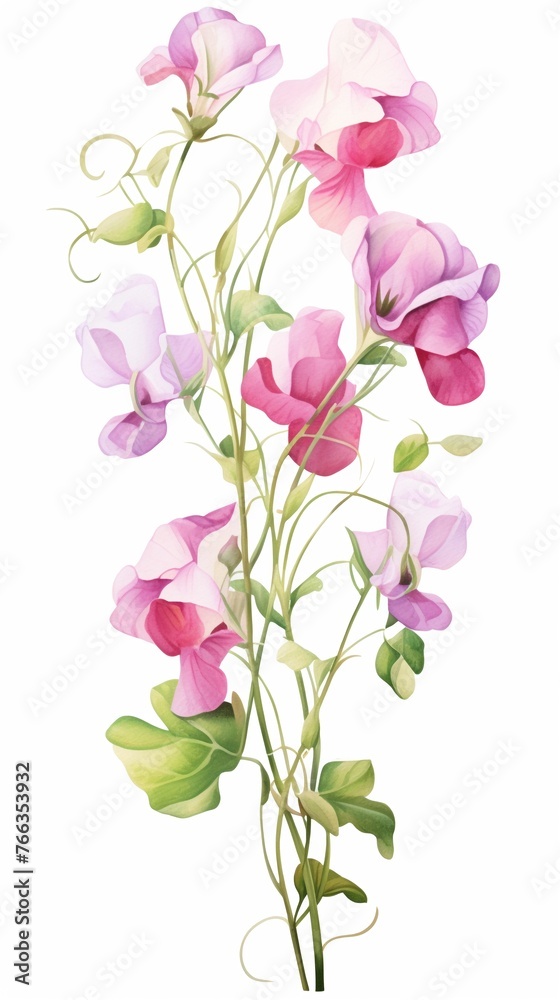 Watercolor sweet pea clipart with pastelcolored blooms and curly tendrils
