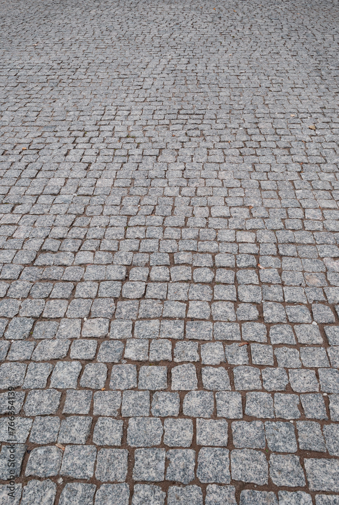 Closeup of road paved with gray cobblestones