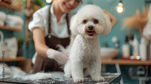 Smiling woman in apron baking with adorable Bichon Frise on kitchen counter sprinkled with flour, capturing a moment of joy and domestic life