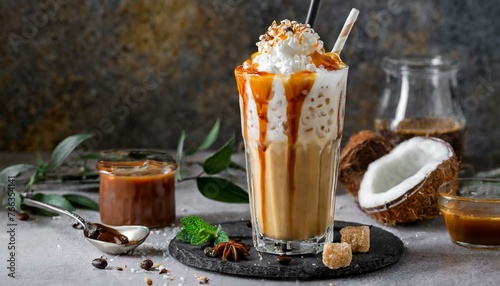 Asian cold coffee with tapioca balls with caramel sauce photo