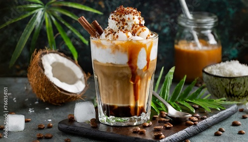 Asian cold coffee with tapioca balls with caramel sauce