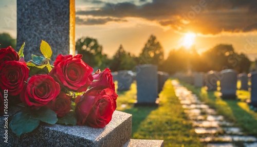 Red roses on a gravestone in a cemetery