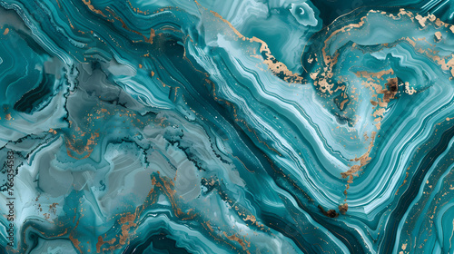 Beautiful abstract background. Golden and turquoise mixed acrylic paints. Marble texture