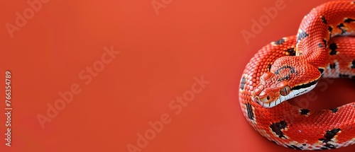  A red snake with spots on its head and a black and white striped neck photo