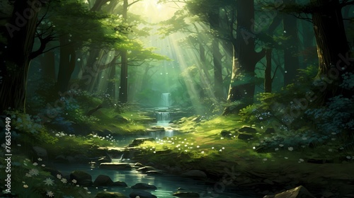 A sunlit glade in the heart of the forest  with rays of light filtering through the leaves and illuminating the emerald surroundings.