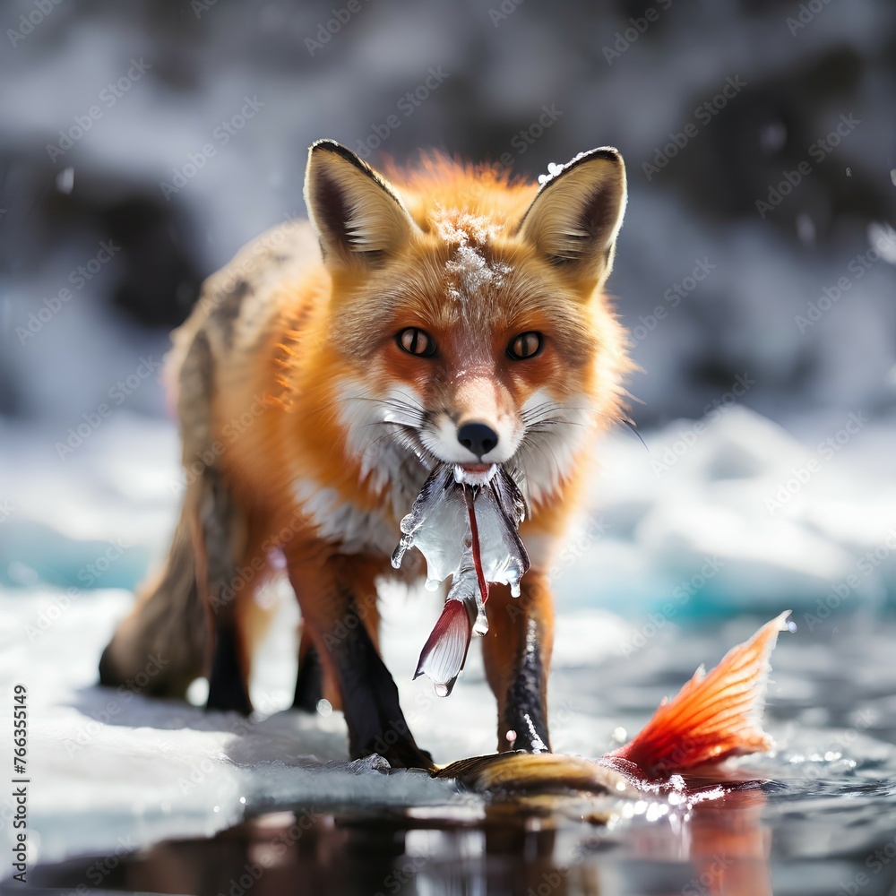 Fototapeta premium Beautiful fox catching a fish
