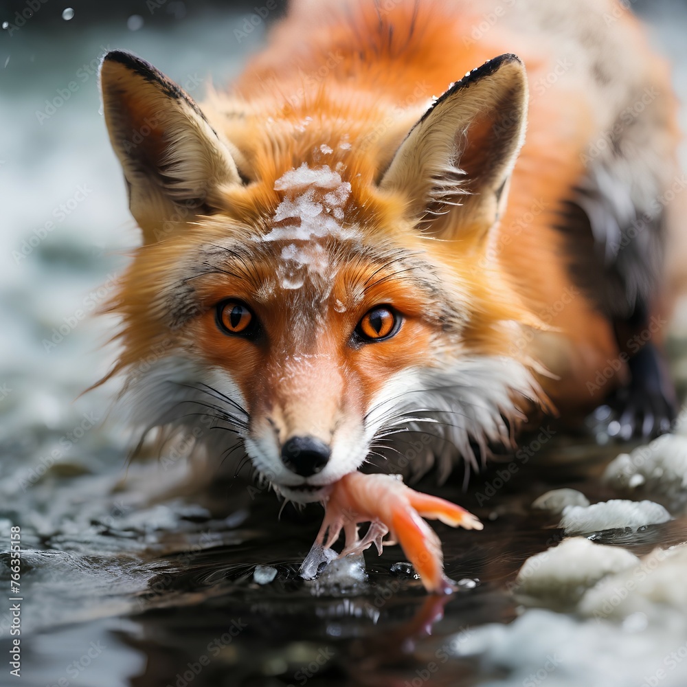 Beautiful fox catching a fish Beautiful fox catching a fish