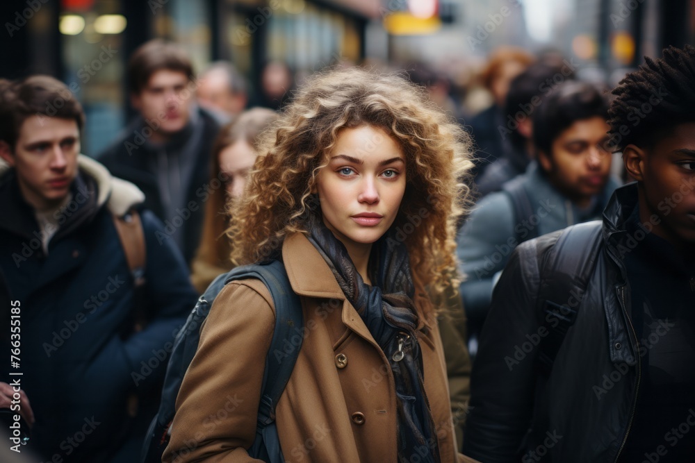 A candid street photography shot capturing a group of individuals walking down a street. The diverse group is strolling casually, with buildings and shops lining the sidewalk