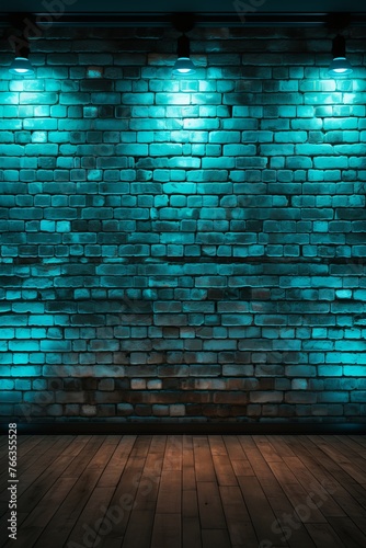 Room with brick wall and turquoise lights background