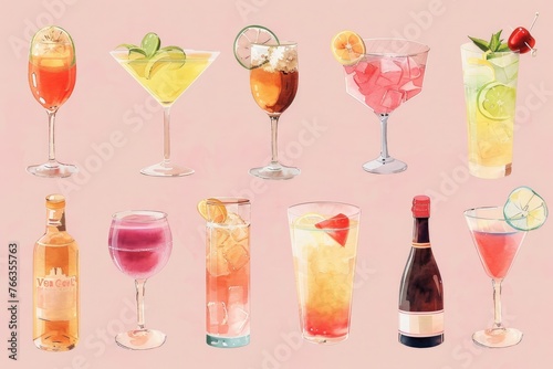 Assorted Watercolor Cocktail Paintings on Pink - A collection of colorful watercolor cocktail illustrations on a pink background, capturing the essence of refreshment and merriment