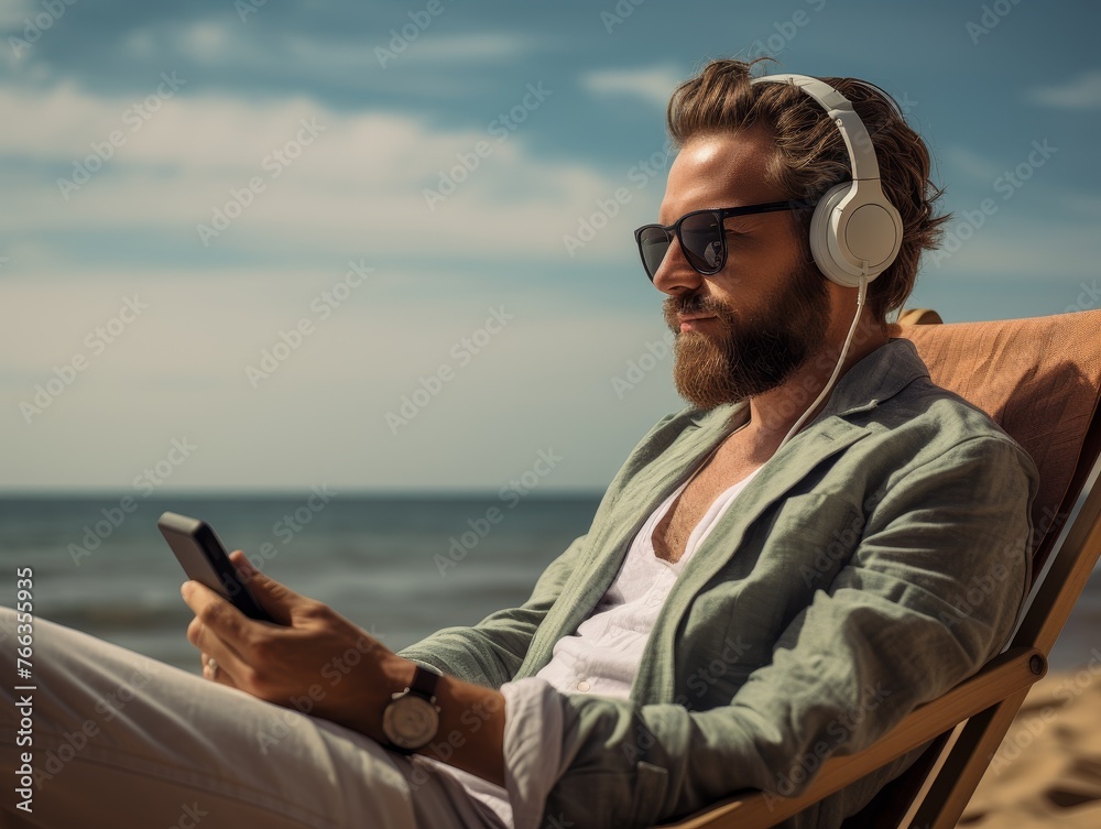 Man Sitting in Chair With Headphones On