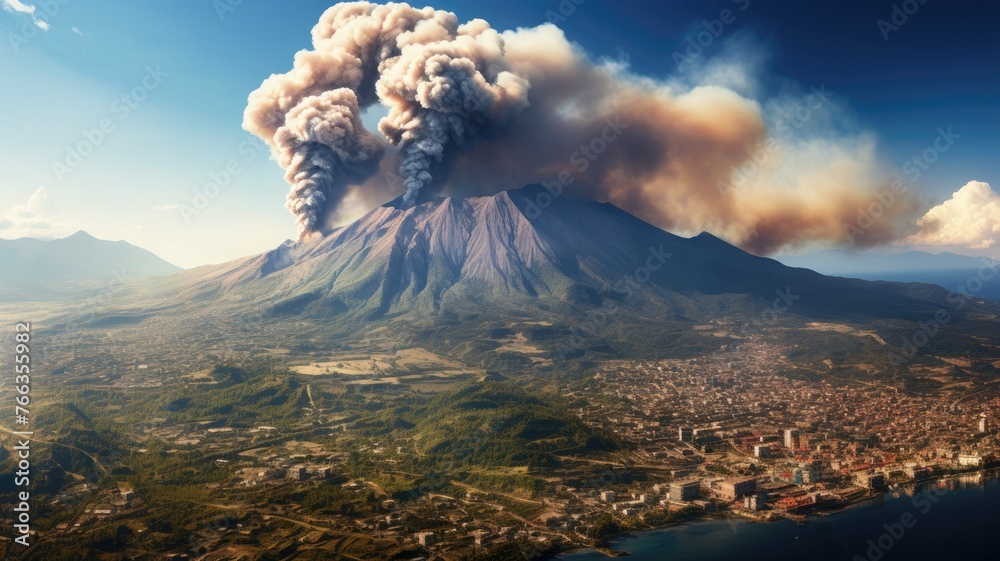 Volcanic eruption overshadowing coastal city - Captivating view of volcanic eruption with imposing smoke and ash clouds over a serene coastal city, highlighting the contrast between calm and chaos