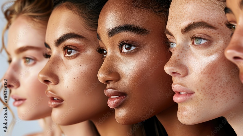 Profile view of diverse women's faces in a row - Profile view of four diverse women showing off their beautiful skin and features, portraying a concept of beauty without boundaries Profile view of diverse women's faces in a row - Profile view of four diverse women showing off their beautiful skin and features, portraying a concept of beauty without boundaries