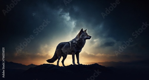 Silhouette of a wolf on night sky background