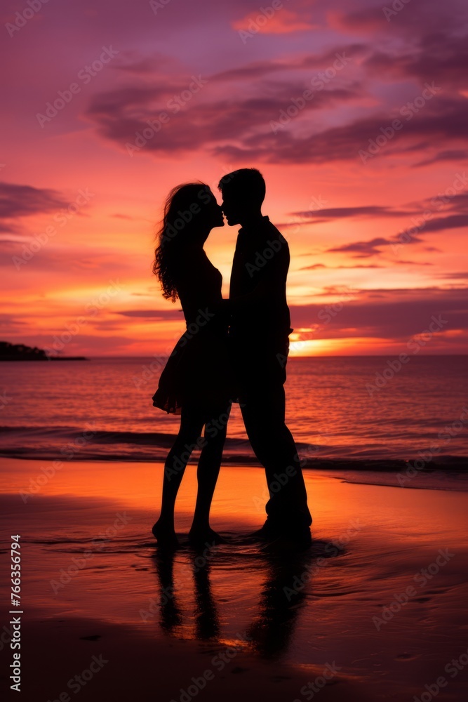 A couple embraces and kisses on the beach as the sun sets in the background, casting a warm glow over the scene