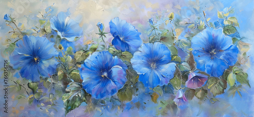 A depiction of large blue flowers under the sun, set against a backdrop of light purple and light magenta, embodies romantic honesty and handcrafted beauty.