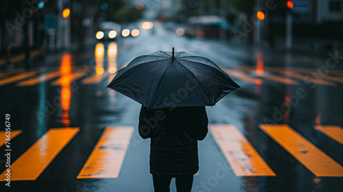 Lonely person holding a black umbrella On the road on a rainy day view from behind