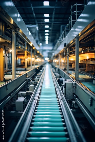 A long conveyor belt system is transporting products through a busy factory. The belt is filled with products moving along amidst a backdrop of industrial equipment