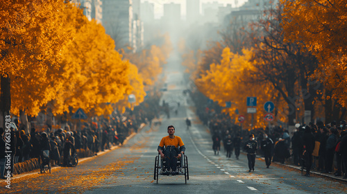 Disabled athlete in a wheelchair racing on the street