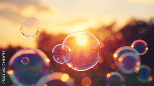 Air bubbles, evening sun background