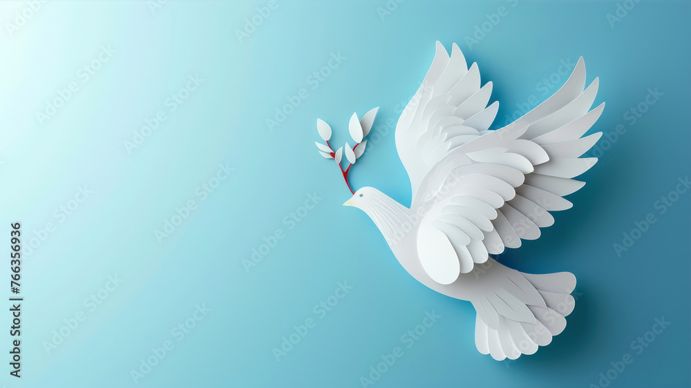 White dove of peace with olive branch on blue background. Vector illustration.