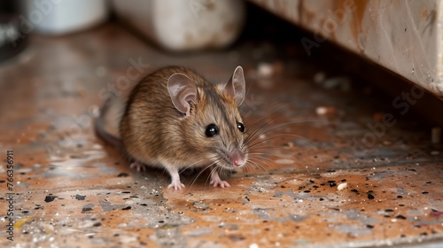 Close-up of a curious brown house mouse cautiously exploring a speckled kitchen floor, depicting concepts of urban wildlife or pest control