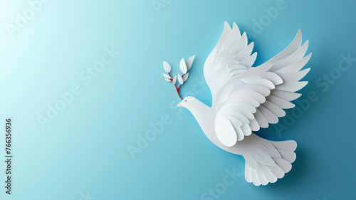 White dove of peace with olive branch on blue background. Vector illustration.