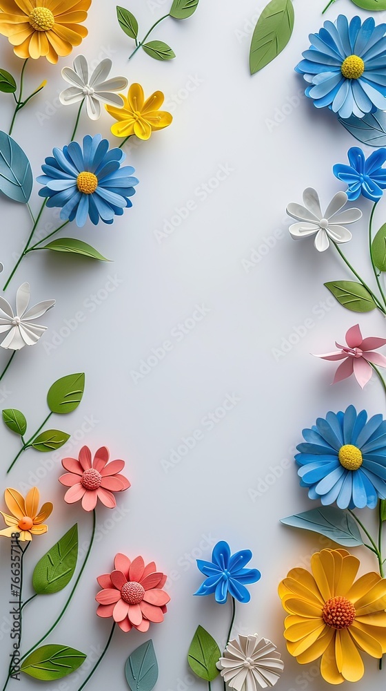 Plasticine floral greeting card, vertical frame. Generative AI.