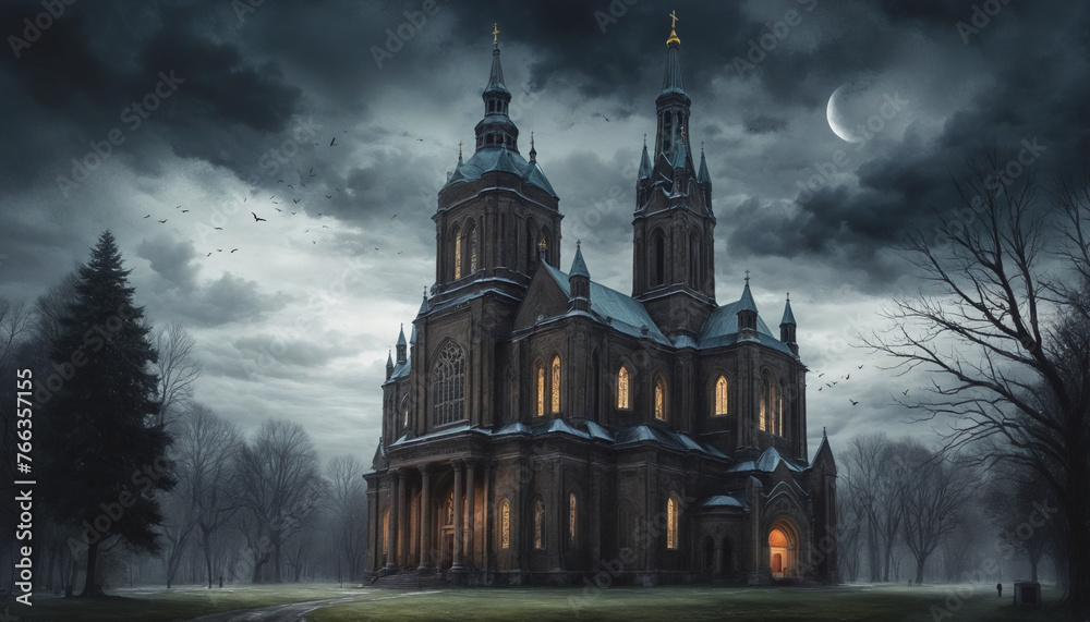 ominous stormy sky above a church building in the style of dark gothic watercolor colorful background - obrazy, fototapety, plakaty 