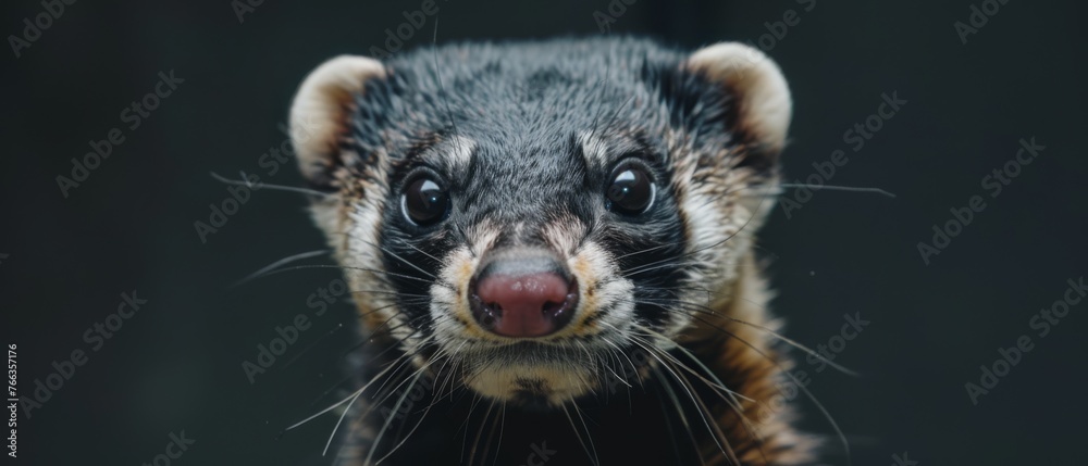 A close-up photo of a ferret with one eye open wide and the other closed, against a black background A close-up photo of a ferret with one eye open wide and the other closed, against a black background