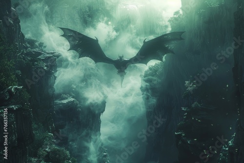 A majestic dragon soars gracefully out of a mist-enshrouded cavern  its wings beating powerfully against the ethereal backdrop of the enchanted forest.