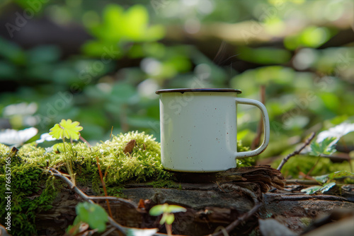 Coffee cup on green moss in the forest. Selective focus.