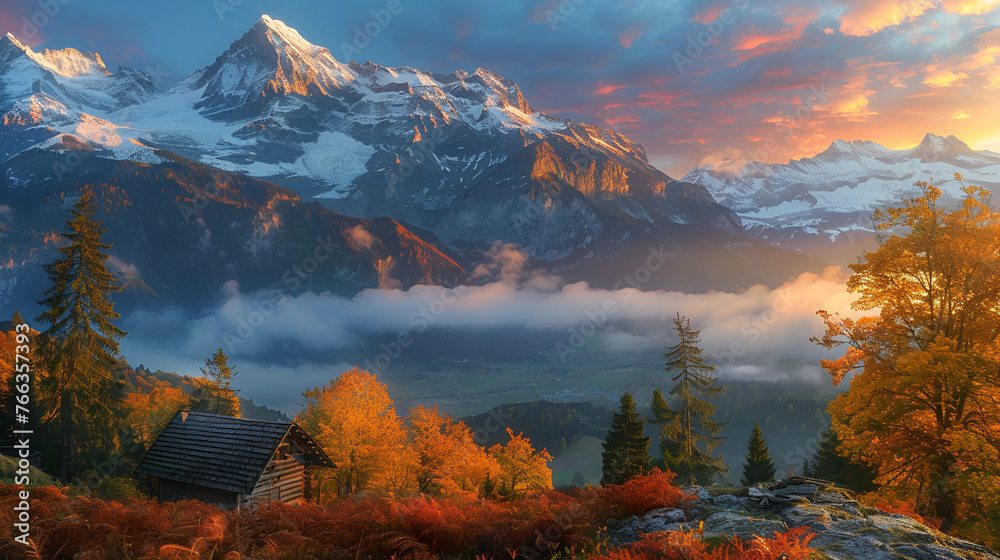 Autumn mountains at sunrise in Switzerland. generative ai 