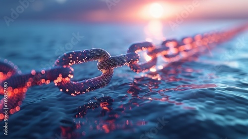 Minimalist blockchain links stretch across a calm digital landscape, representing seamless and interconnected transactions.