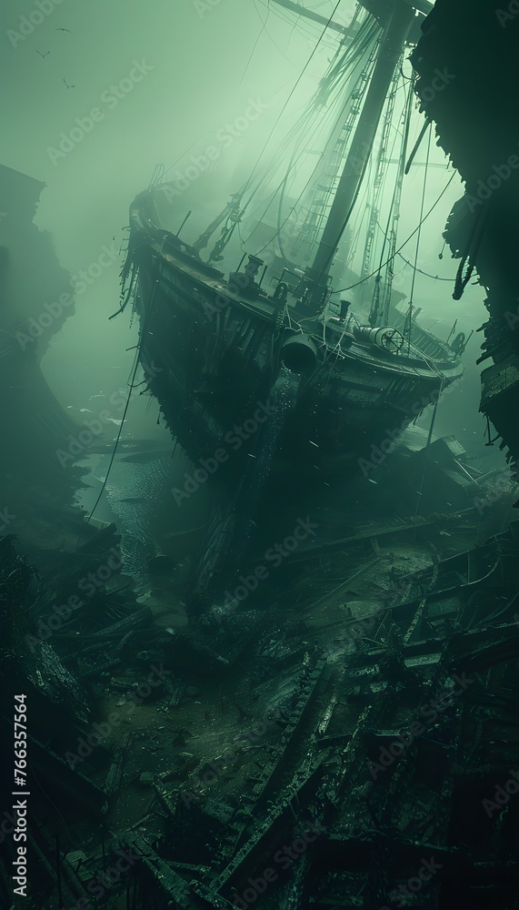 An underwater ghost ship emerges from the dark, surrounded by the mysterious ruins of a shipwreck, shrouded in murky green water. An underwater ghost ship emerges from the dark, surrounded by the mysterious ruins of a shipwreck, shrouded in murky green water.