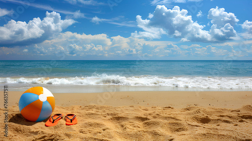 An inflatable beach ball and a pair of flip-flops on the sandy beach.