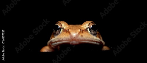  Close-up of a frog's face in the dark with wide-open eyes, facing the camera