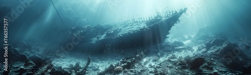 On the ocean floor, the remains of a once majestic ship lie silent, surrounded by a bustling community of marine life.