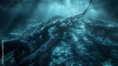 A heavy chain covered in marine growth descends into the dark depths of the ocean, highlighted by ethereal sunlight from above.