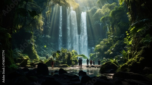Group of People Standing in Front of Waterfall