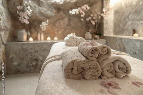 A couple of towels neatly arranged on top of a bed in a spa setting in massage room