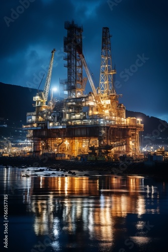 A massive oil rig platform sits atop the water under the night sky. The rig is illuminated, showcasing its industrial presence in the marine environment