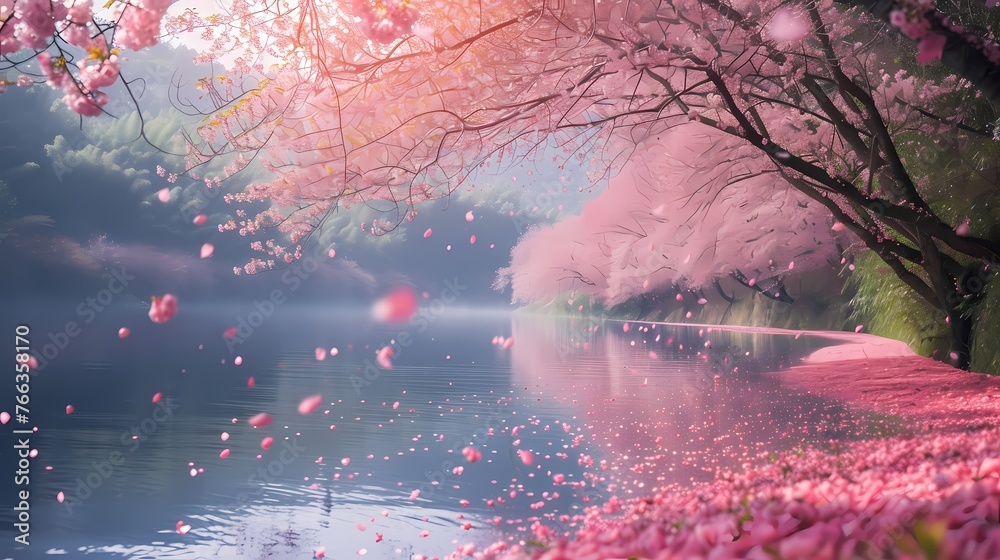 A serene lake surrounded by blossoming cherry trees, creating a picturesque scene with delicate pink petals drifting on the water's surface.